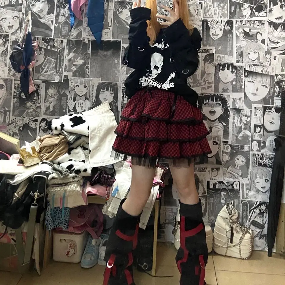 NONSAR Japanese Punk Gothic Lace Red Plaid Skirt Women Vintage Y2k High Waist Sexy Cake Skirt Harajuku Fairycore Grunge Clubwear