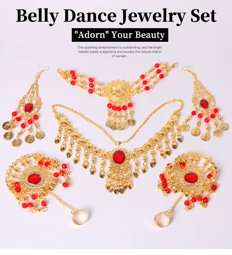 6-delige set rode strass kwastje hoofddeksels oorbellen ketting armband Indiase stijl sieradenset voor dames en kinderen