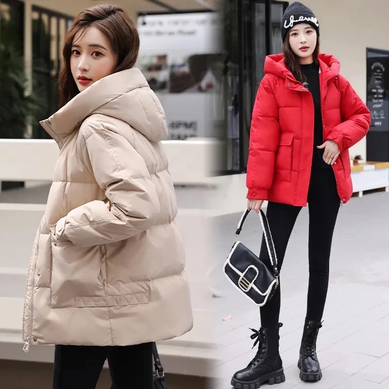 Parkas soltas casuais femininas, casaco chique de algodão, puffer quente, jaqueta grossa com capuz, outwear de inverno, novo, bolso grande, 2022