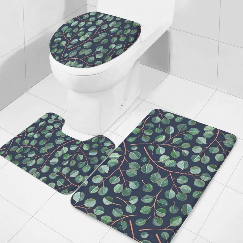 Simple Silver Dollar Eucalyptus Leaves on Navy Blue Bathroom Rugs Set 3 Piece U-Shaped Toilet Rug Soft Non-Slip Thick Bath Mat