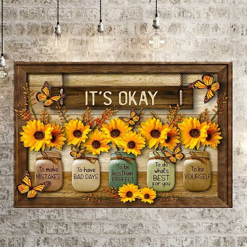 1pc Sunflower Canvas Painting IT'S OKAY Posters And Prints For Living Room & Bedroom Wall Art Pictures Home Decor New Year Gift