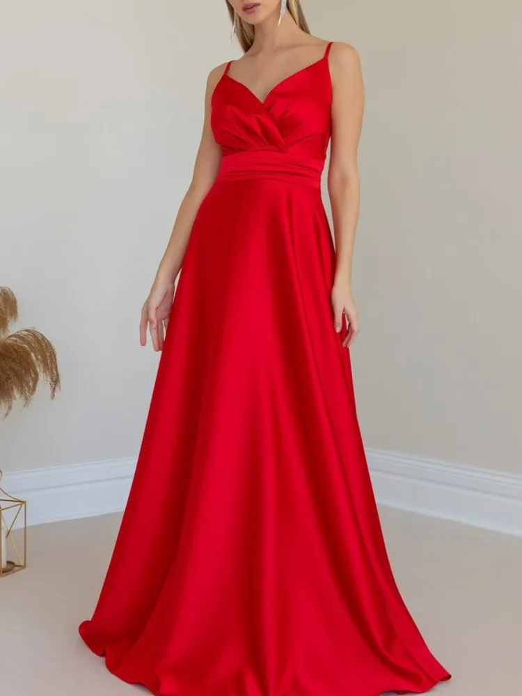 Sexy Satin Formal Evening Wrap Dress For Women Spaghetti Strap V Neck Sleeveless Full-Length Club Party Gown Long Maxi Red Dress