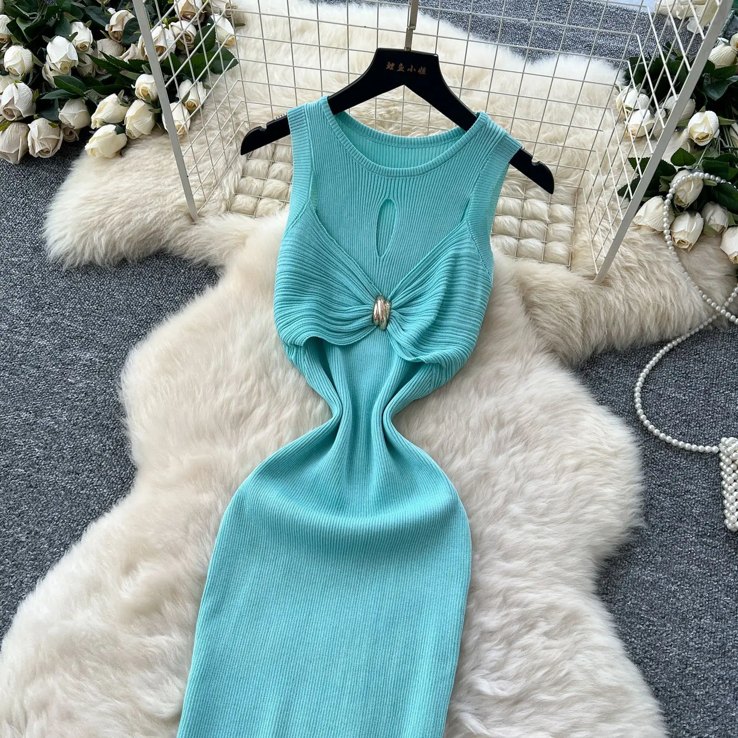 Frauen Gestrickte Kleider, Figurbetontes Kleid Y2k Knöchellänge Ärmellos Rundkragen Raffen Ausschnitt Vestidos Lässig Elegant 2025, Herbst