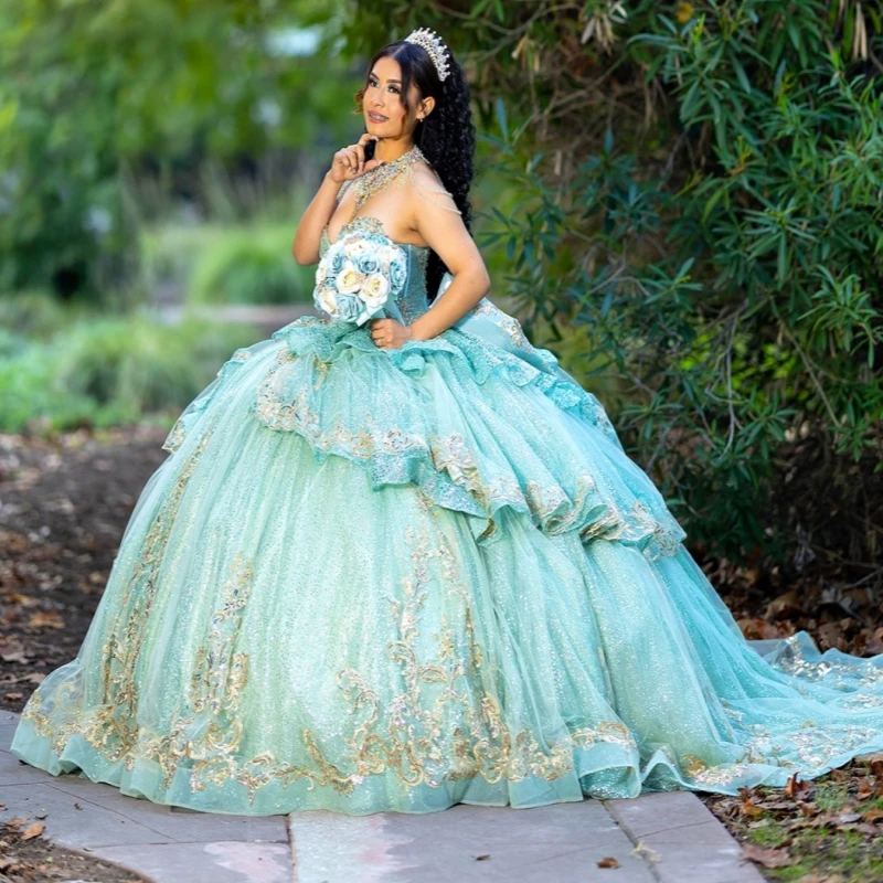 

Green Shiny Quinceanera Dresses Off The Shoulder Gold Applique Lace Beading Crystal Tull Corset Party Birthday Sweet 16 Dress