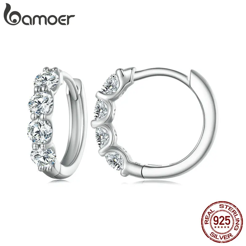 Bamoer 925 Sterling Silver Classical Round Moissanite Ear Buckles Clear Lab Diamond Engagement & Wedding Jewelry Gift for Women