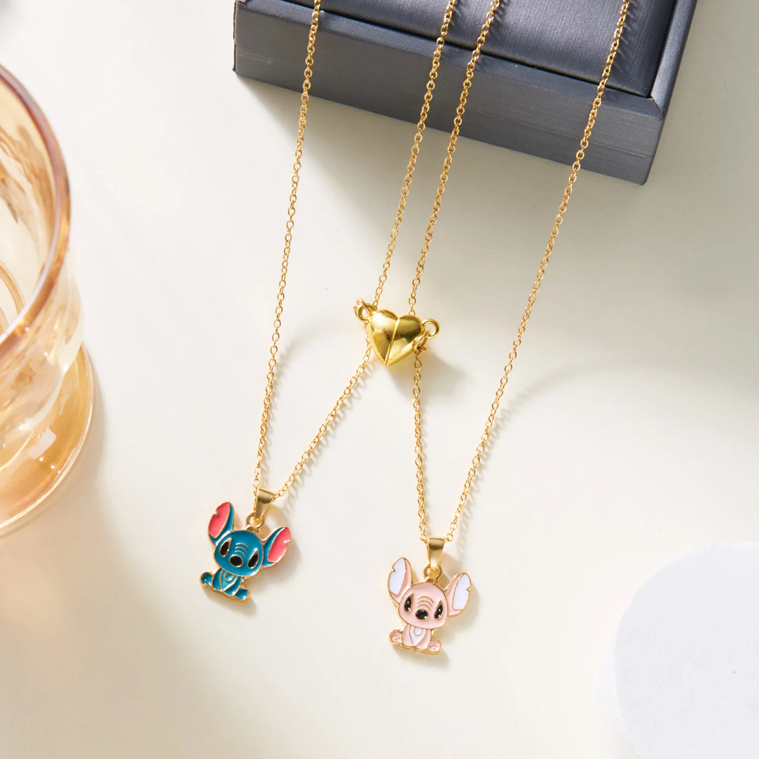 

Hot Anime Disney Stitch Series Peripheral Love Magnet Necklace Lovers Friends Friendship Clavicle Chain Cartoon Jewelry Pendant