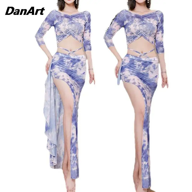 Belly Dance Lady Sexy Mesh Top+Split Skirt Outfit Set Oriental Indian Dance Goddess Split Skirt Women's Training Performance Set