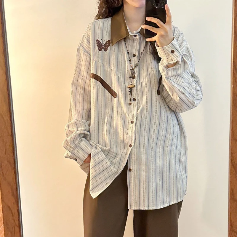 Japanse subcultuur zoete vlinderpatroon T-shirt gestreept lange mouw slanke knop splice nieuwe stijl zachte luie jas herfst