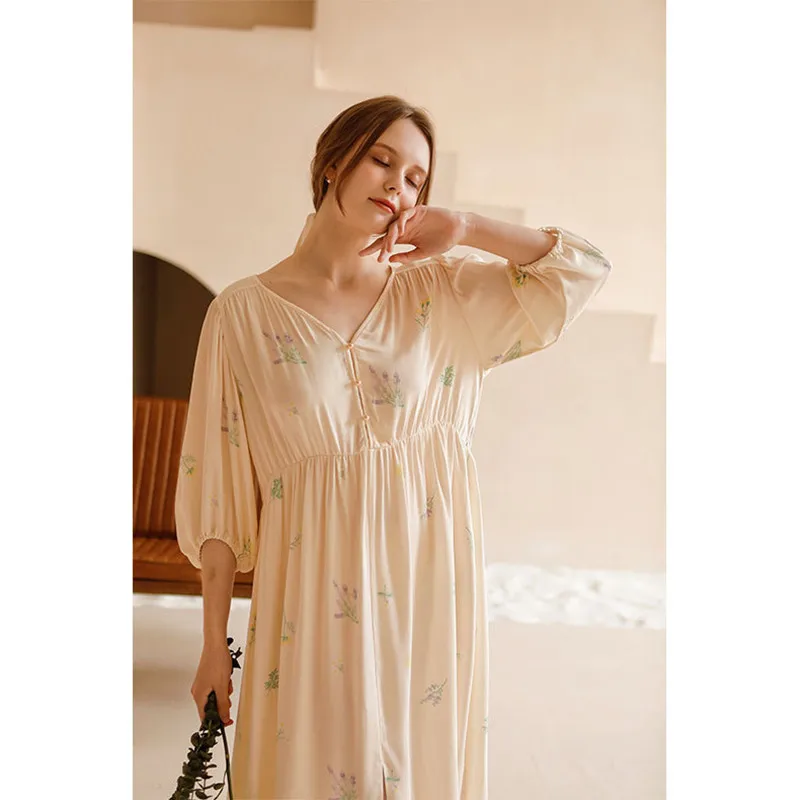 Summer Satin Short Sleeves Long Floral Nightgowns Sexy V-Neck Printed Nightie Sweet Puff Sleeves Mid-Claf Loose Nightdress New