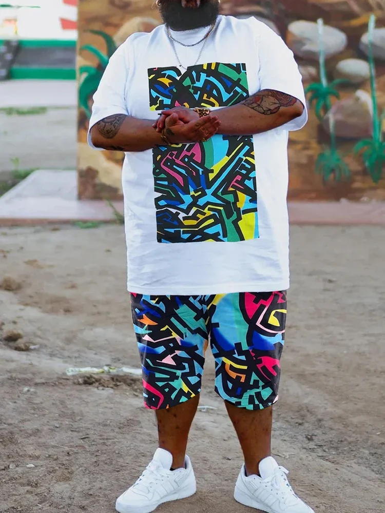 ZOOY (L-9XL) Men\'s Plus Size Fashion Fashion Brand Cartoon Abstract Graffiti Graphic Casual Short Sleeve Shorts Set