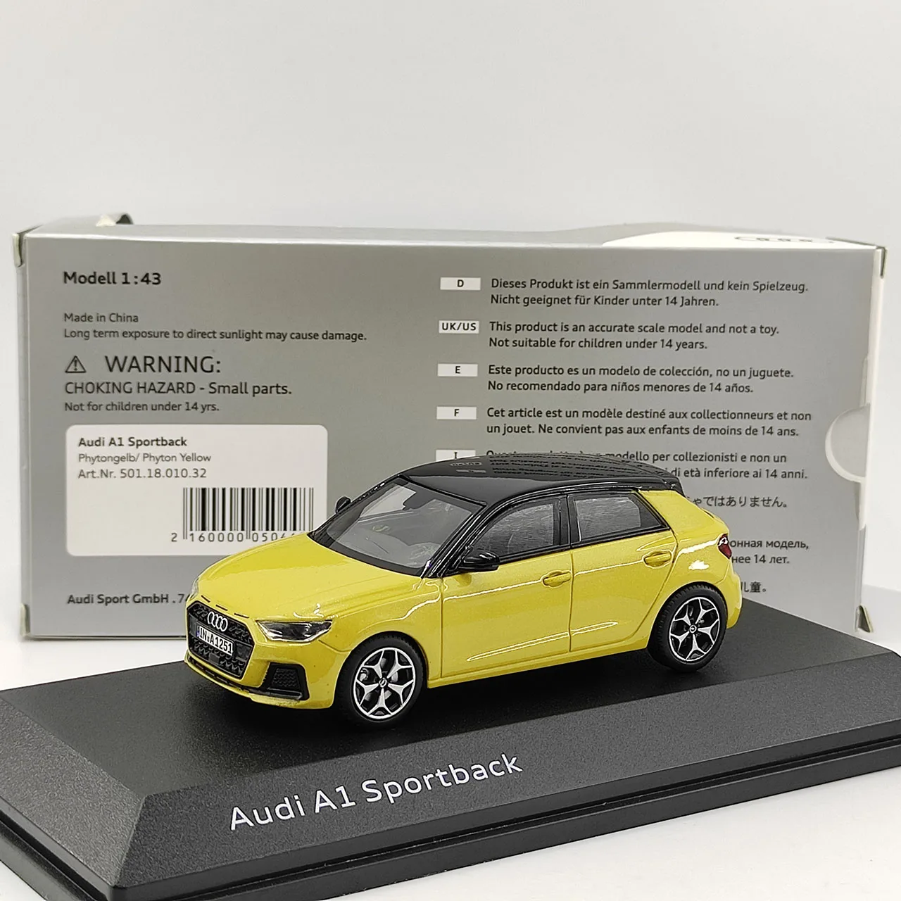 불량 다이캐스트 1:43 스케일 아우디 A1 스포츠백 스포티 옐로우 합금 자동차 모형 수집용 장난감 선물 기념품 장식품