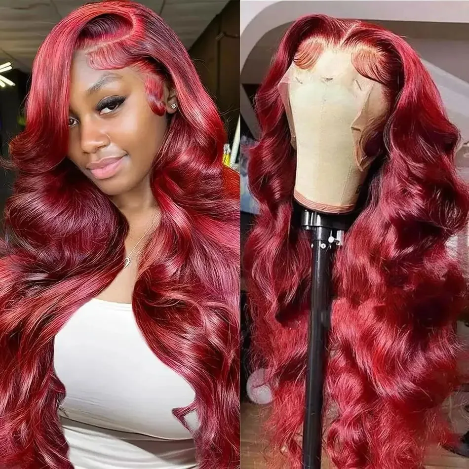 28 30 32 Inch Body Wave 13x4 Lace Front Wig Human Hair Wig Red HD Transparent 99J Burgundy 13x6 Lace Frontal Wigs Wine Brazilian