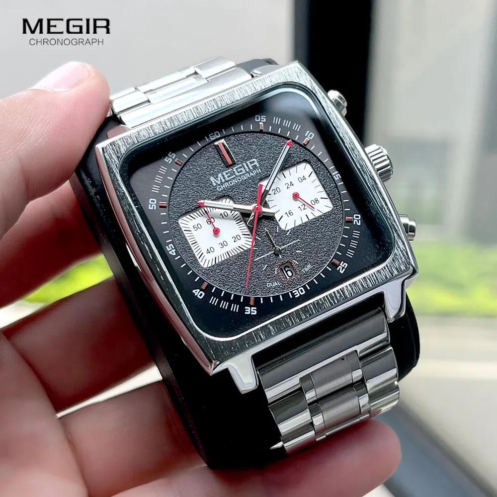 MEGIR Square Dial Quartz Watch Men Stainless Steel Strap Chronograph Sport Wristwatch with Date Luminous Hands 24-hour Indicator