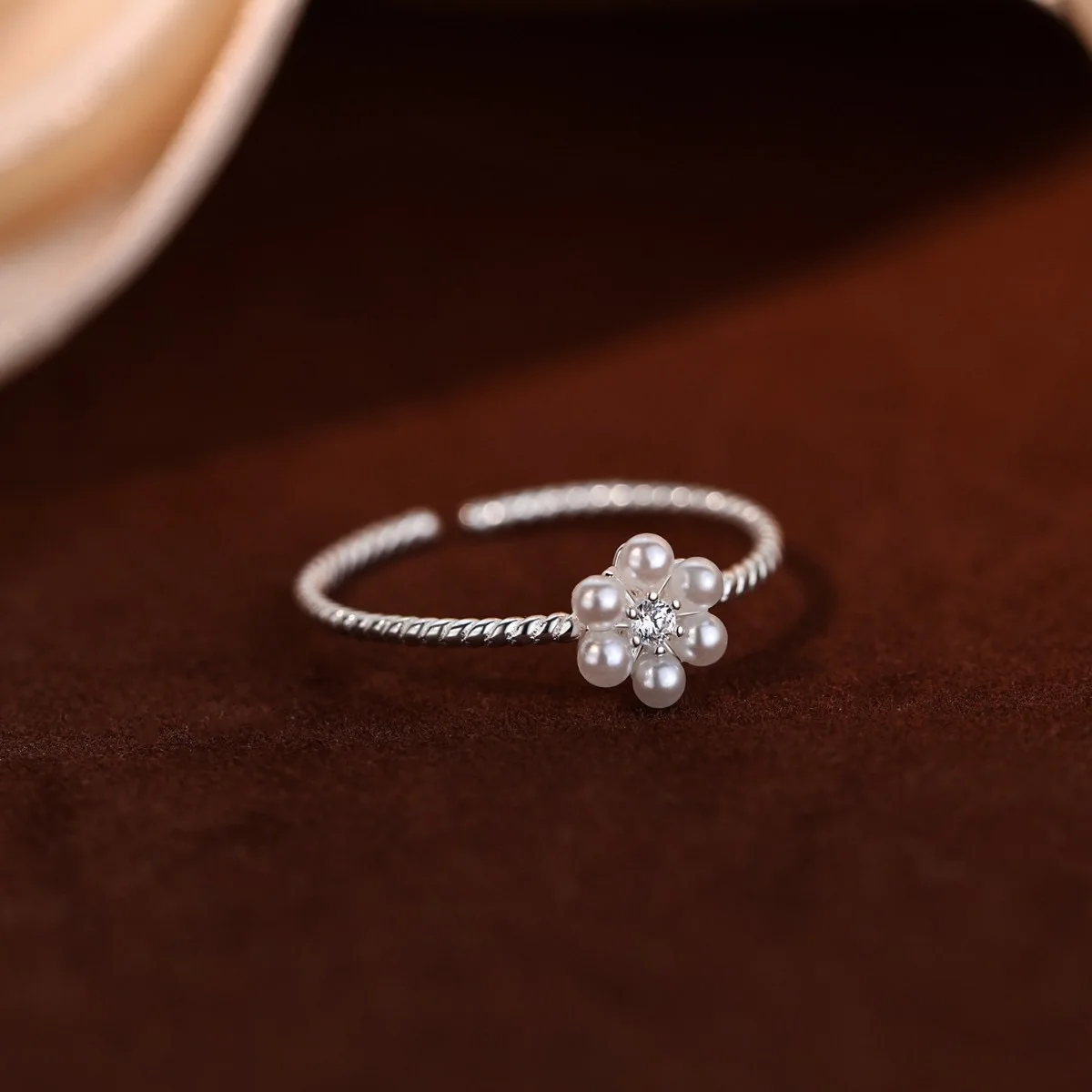 

925 Sterling Silver Rings For Women Vintage Handmade Adjustable Vintage Pearl Flower Shape Ring Fashion Band Female Bijoux Gift