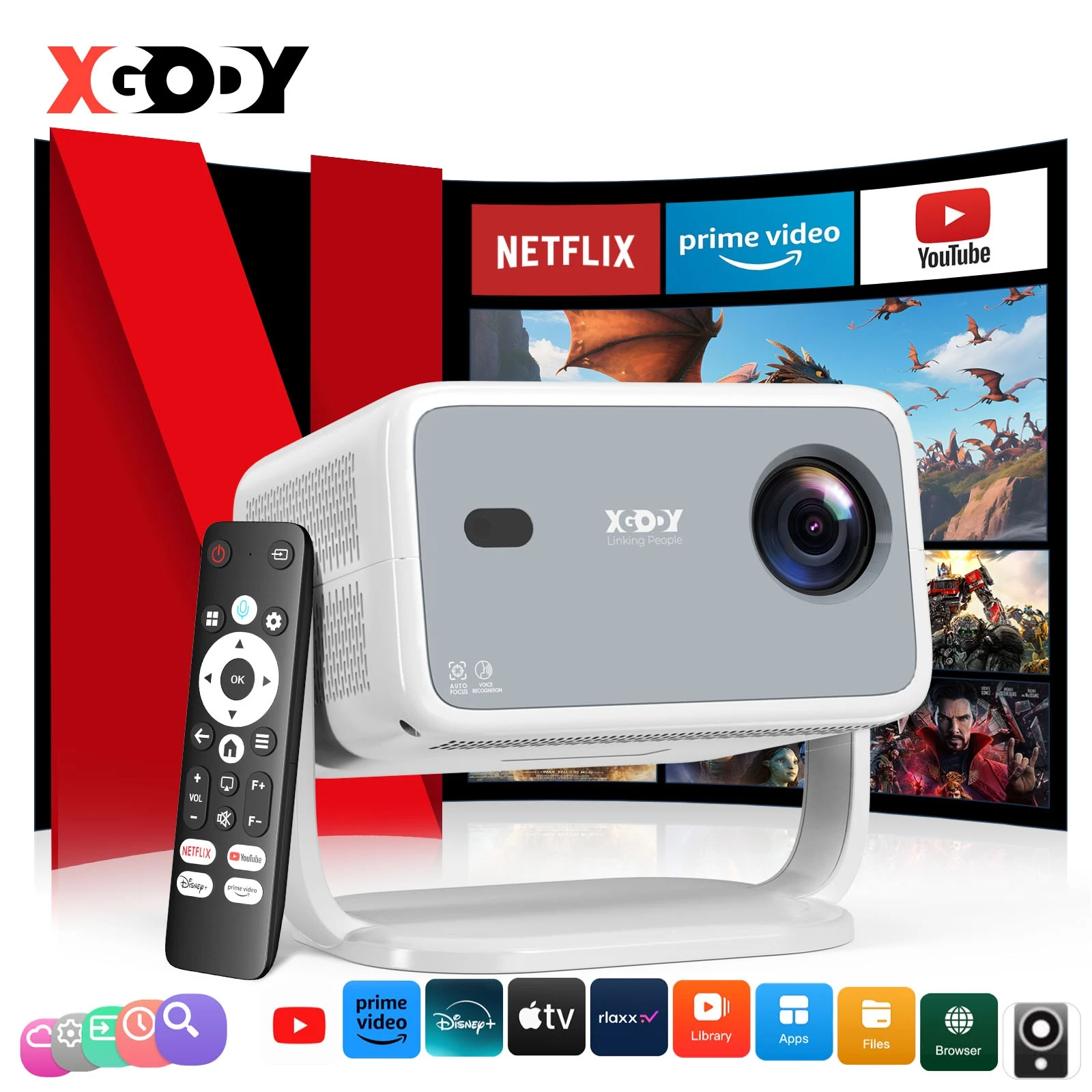 XGODY Netflix projecteur intelligent officiel 4K pris en charge 650 Ansi AI reconnaissance vocale mise au point automatique et projecteur Keystone pour film � domicile