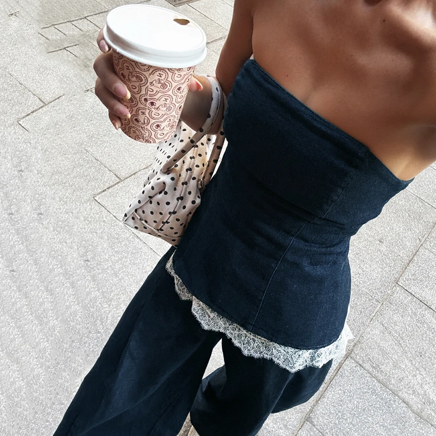 

Костюм Linad Street Chic: синие брюки и винтажный кружевной топ с открытыми плечами, с высокой талией, длинные брюки, комплект из двух предметов для женщин, коллекция 2026