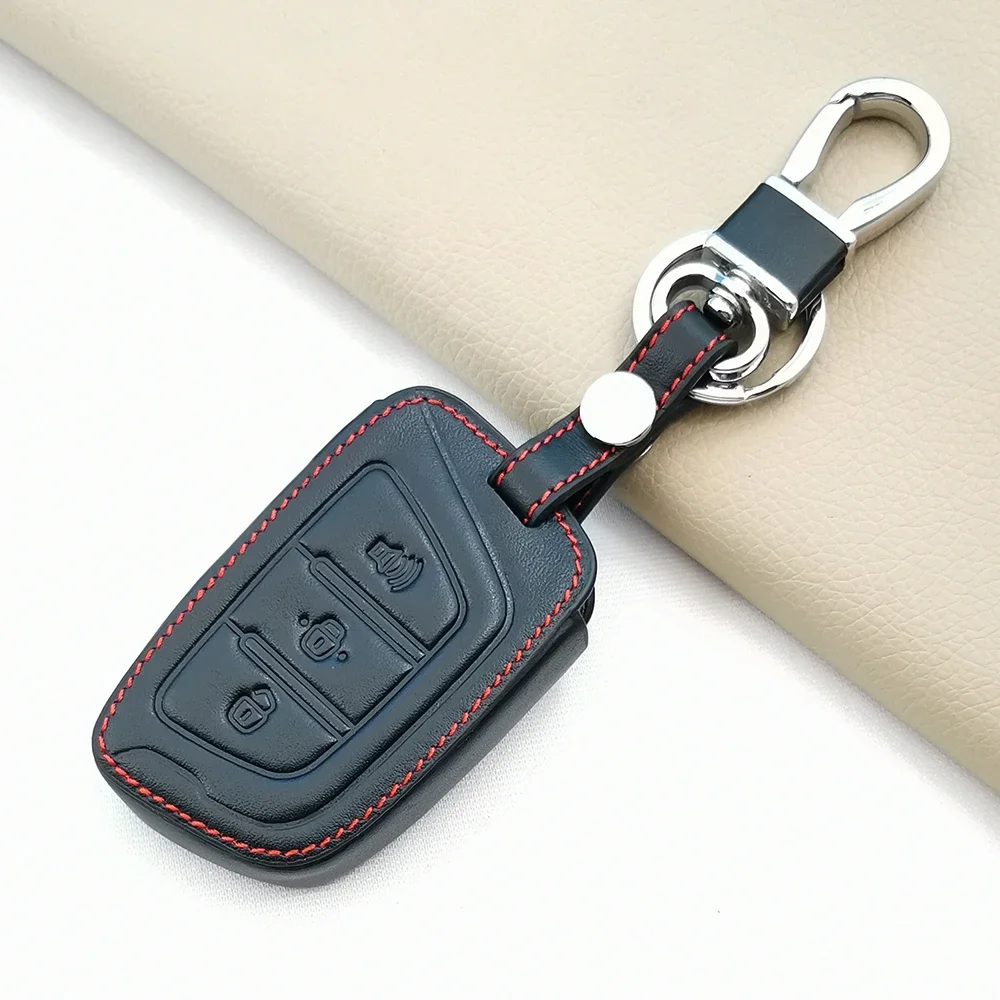 Durable 100% Leather Key Cover Case for JAC T50 S2 S3 S4 S5 S7 Car Alarm 3 Buttons Smart Remote Keychain Carbine Accessory