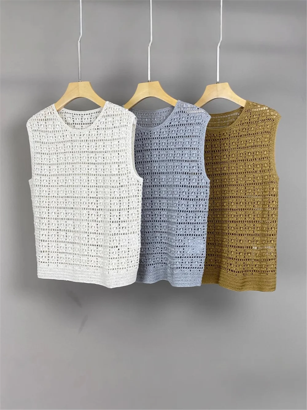 Gilet tricoté à col rond ajouré pour femmes, crocheté à la main, à la mode, assorti avec tout, été