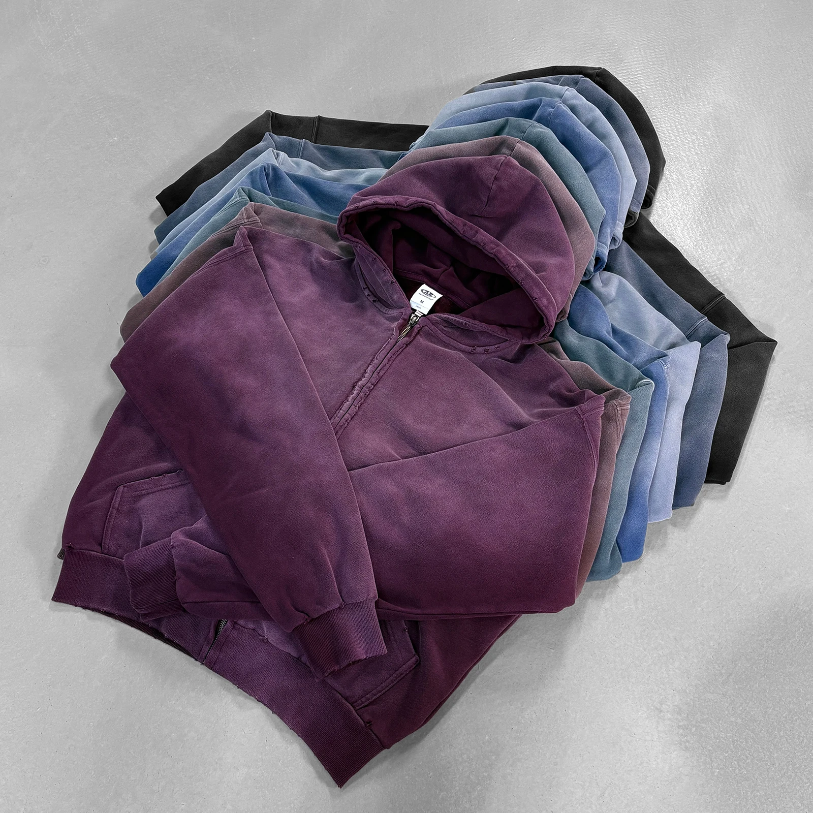 Raw Edge Wear Out Hoodie Coat Men's Full Zip Hoodies Vintage Wash Distressed Oversized Cotton Ripped Hooded Coat Y2k Streetwear