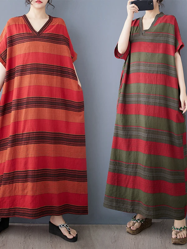 

Summer New Cotton Linen Print V-ne Loose Simple Long Dr Women's Beach Dr Thin Stripe Loose Version Soft Fabric