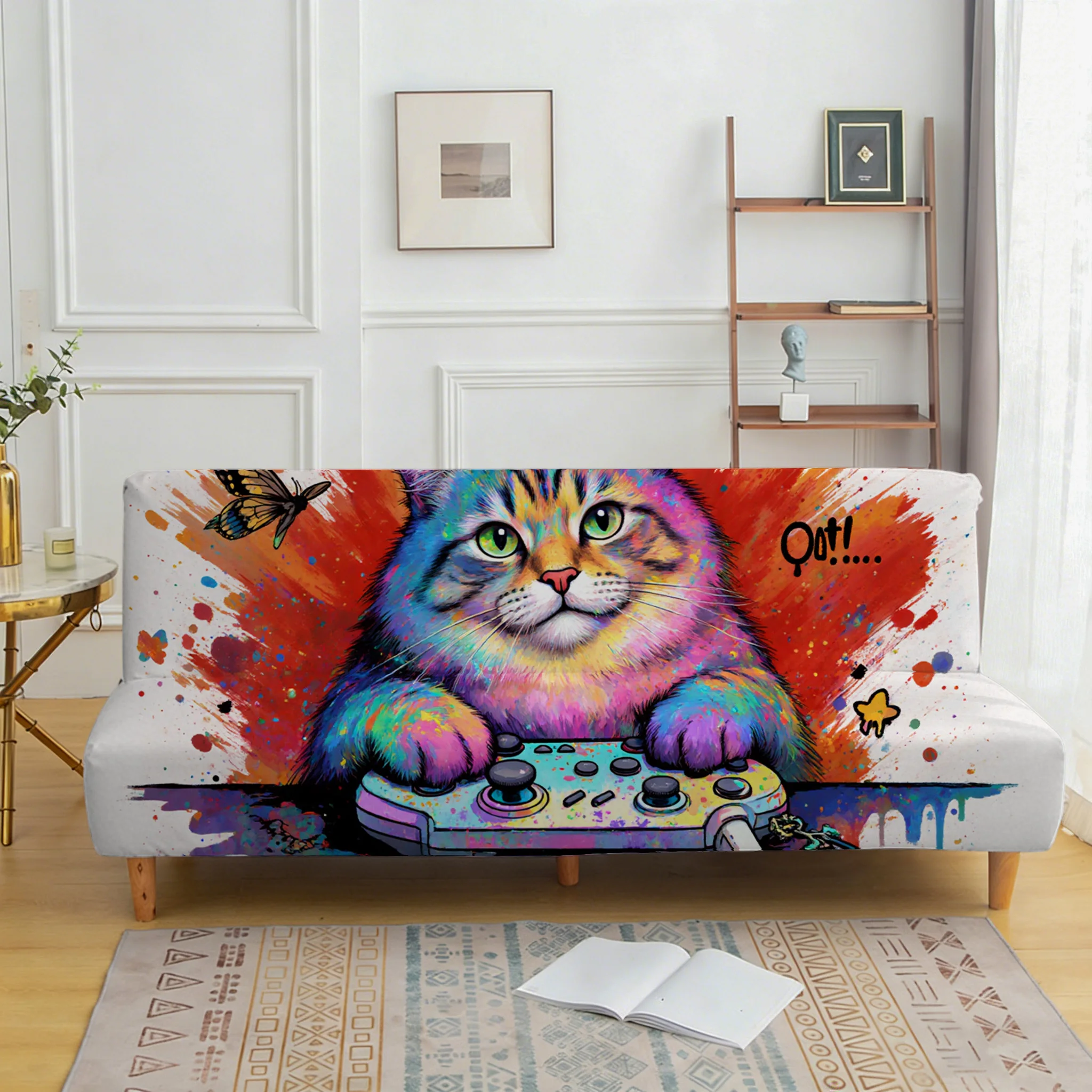 Dopamine splashing ink e-sports cat elastic sofa bed cover, living room sofa bed cover, dustproof washable sofa bed cover