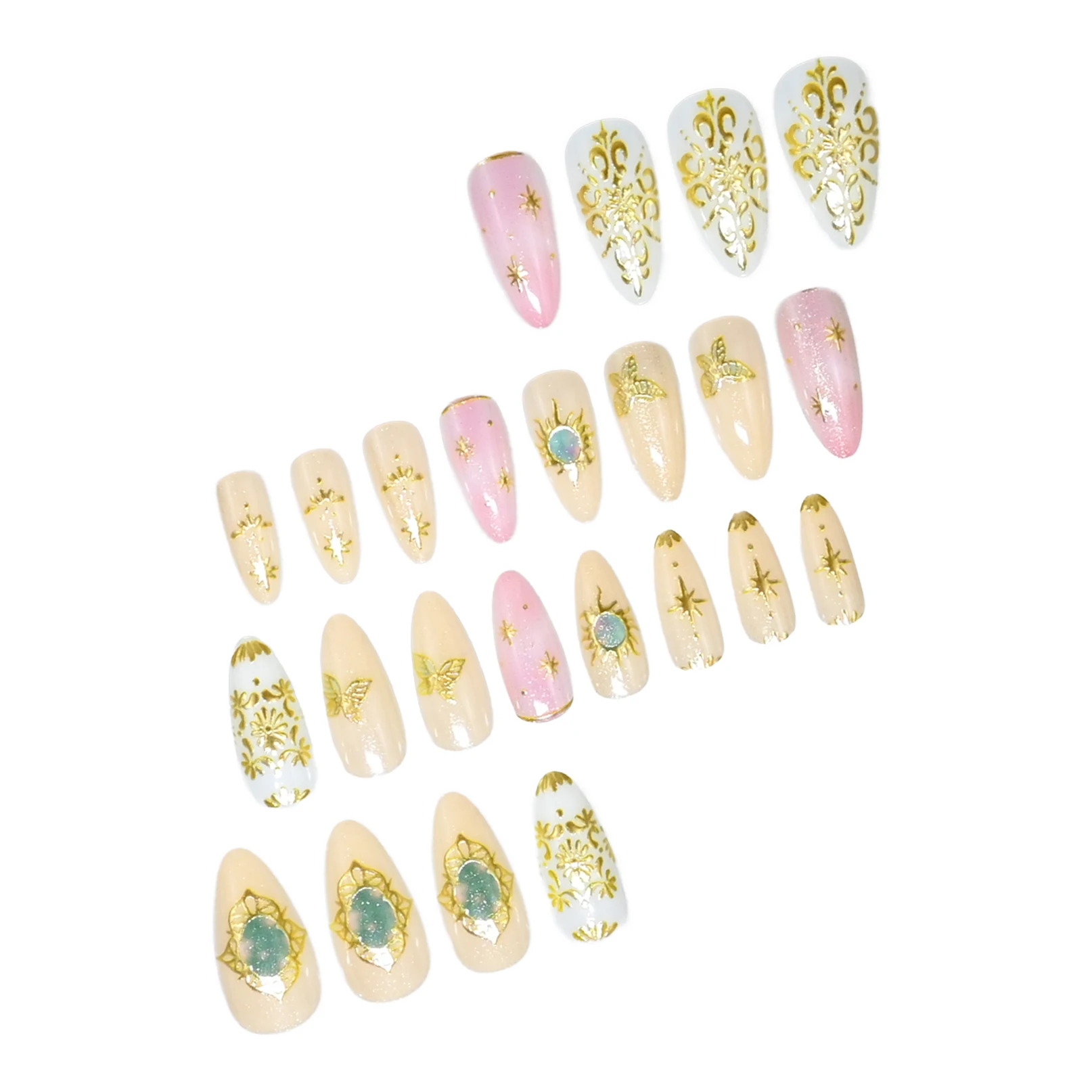 24 handmade almond nails. Cream & pink base with golden vintage patterns, butterfly and gem decor. Reusable, luxurious retro sty
