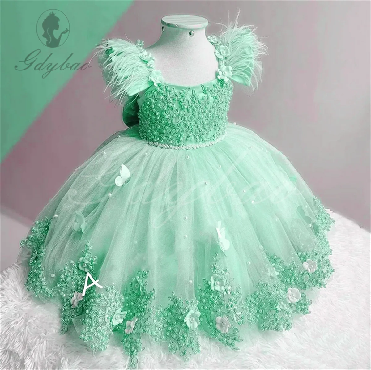 Pearl Baby Kids Tulle Birthday Party Flower Girl Feather Dresses Long Butterflies Pearl Pageant Bow Communion Gown