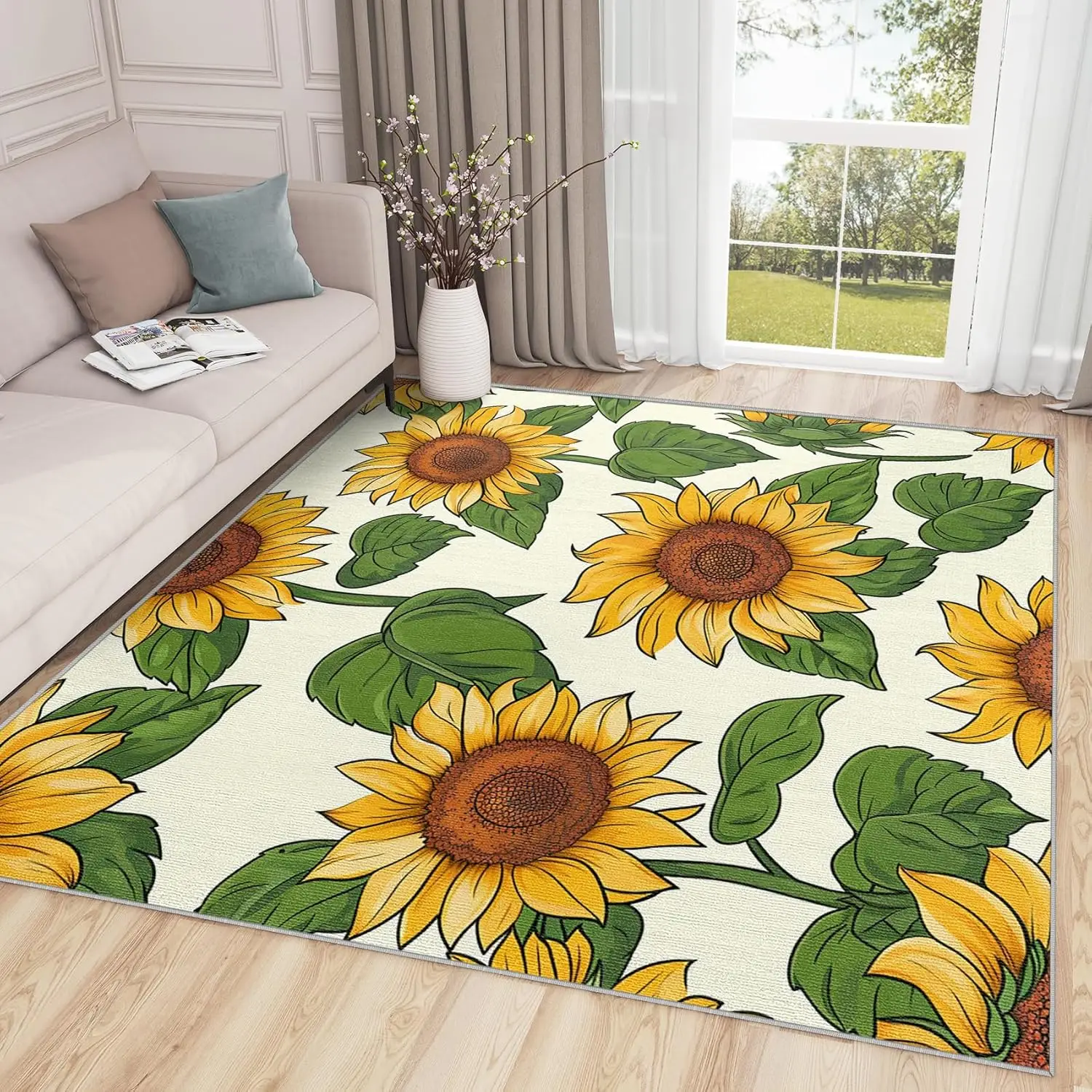 Sunflower Rugs for Bedrom Sunflower Rug Yellow Flower Area Rug Bright Floral Summer Botanical Rugs Garden Theme Carpet HomeDecor