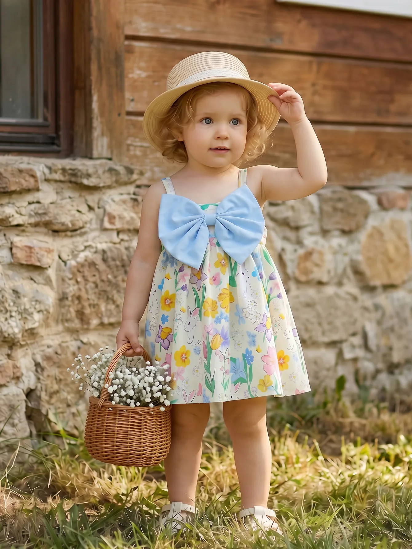 Fresh floral sling dress for baby girls with a big blue bow on the chest, lightweight and breathable, ideal for kids' summer out