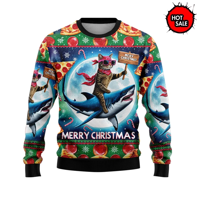 Boys Pullover Hoodies Funny Animal Space Cat Graphic Ugly Christmas Sweater Fashion Cat Dog Sweatshirts For Men Women Clothes