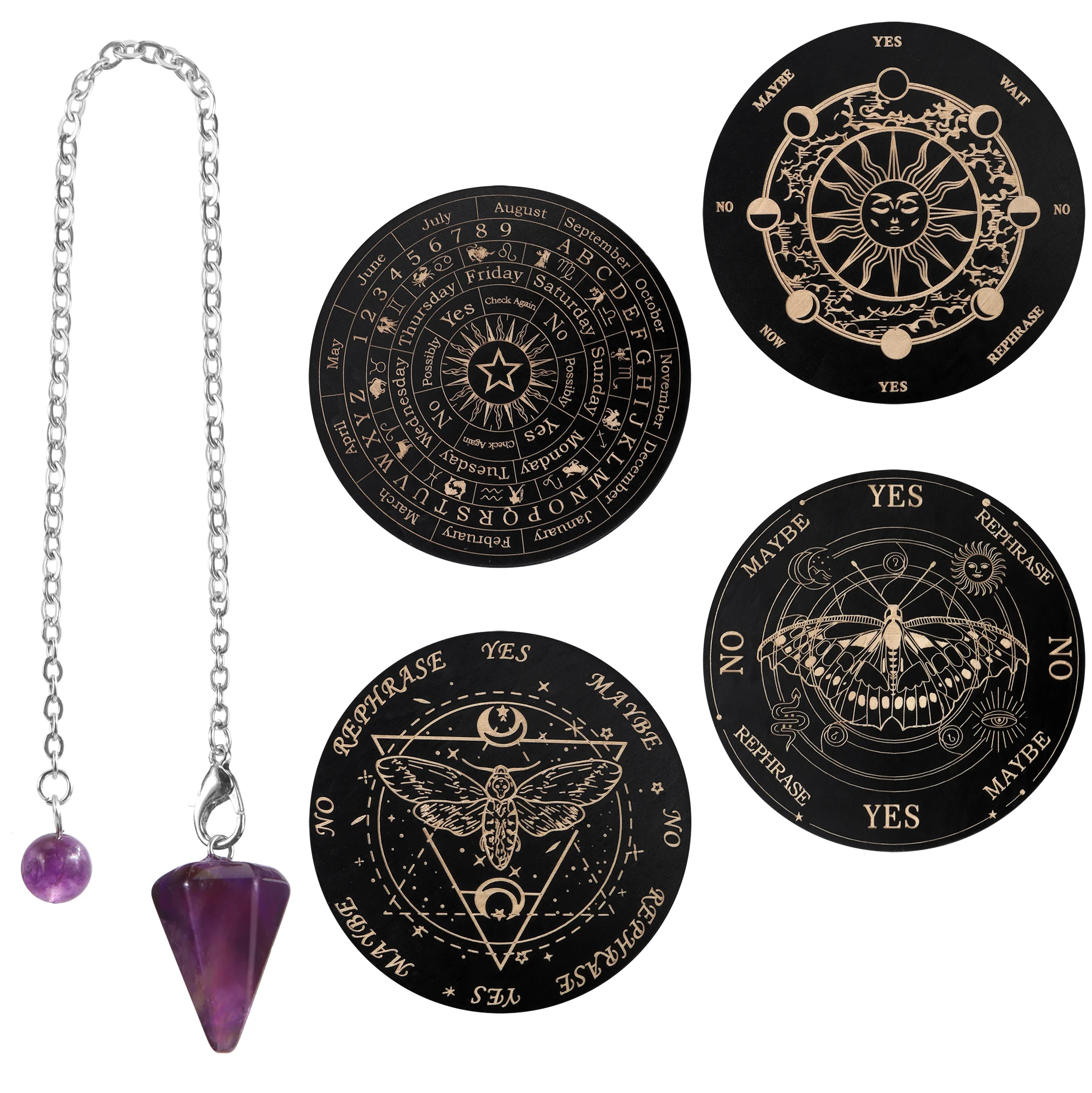 4-piece Constellation and Wooden Pendulum Set with Butterfly. Stars and Moon, Supernatural Message Board, Crystal