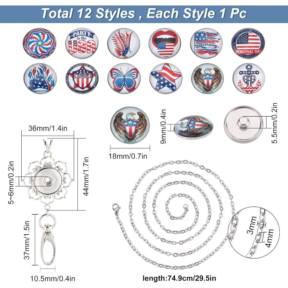 1 Box USA Badge Lanyard ID Badge Lanyard Cute Stainless Steel Badge Holder Cute Necklace Chain 12Pcs Independence Day