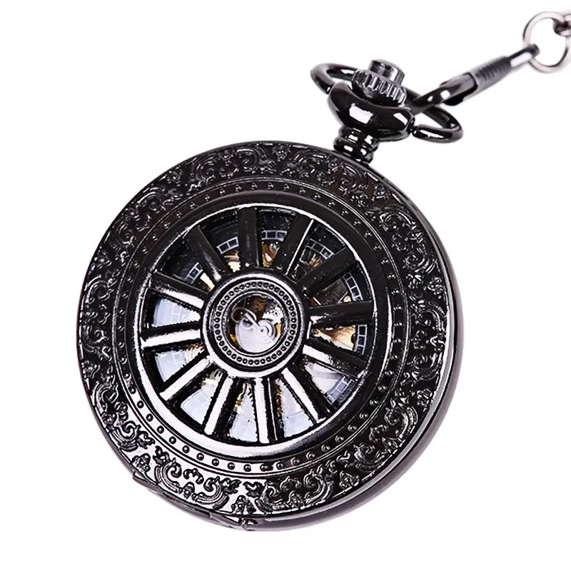 Retro trend black wheel perspective pattern open white digital pocket watch with chain men's and women's accessories