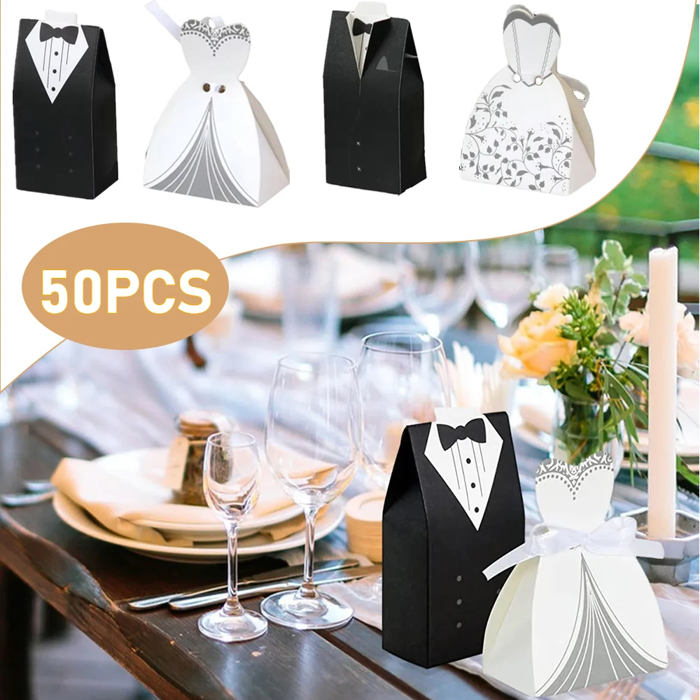 50Pcs Bride and Groom Wedding Candy Boxes Wedding Favor Tuxedo  for Bridal Shower Deco Gifts Packaging Boxes Party Supplies