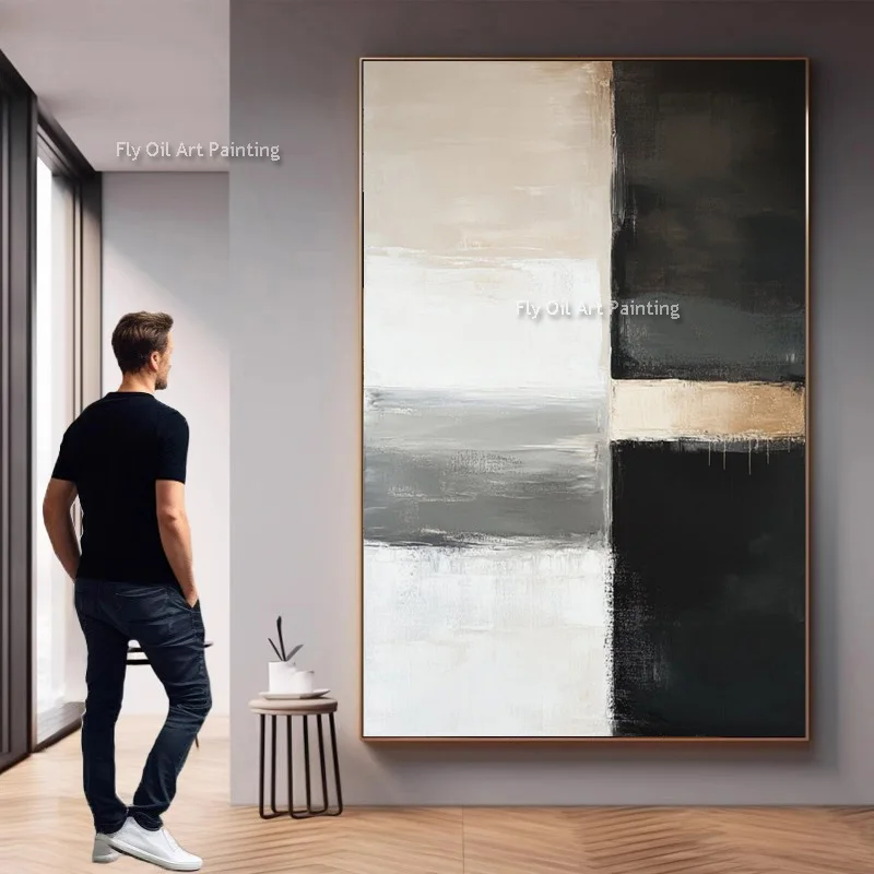 

Beige And Black Yellow Abstract Wall Art Hand Drawn Original Artwork White Beige Oil Painting New Design For Living Room Decor