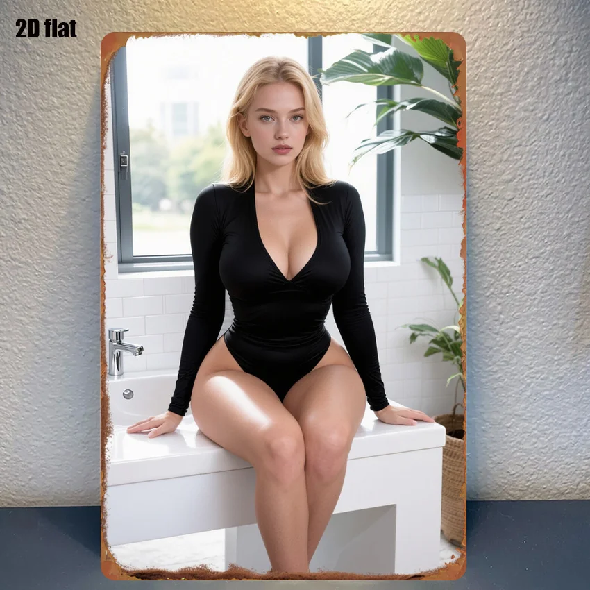 Vintage Rusty Metal Tin Sign, Blonde Girl Black Deep‑V Bodysuit Bathroom Scene Wall Decor For Man‑Cave Garage Bar