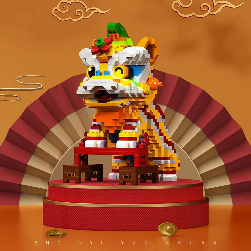 Chinese Lion Dance Building Blocks New Year Spring Festival Gift Creative Desktop Decoration Educational DIY Bricks Toys For Kid