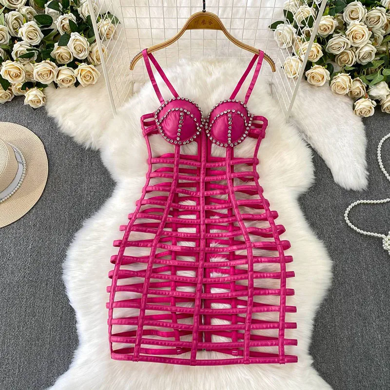 Erotische Dessous-Kleider für Damen, von Designer inspiriert, schlanke Sexualität, kokette, ausgehöhlte Diamanten, sexy Slip-Minikleider