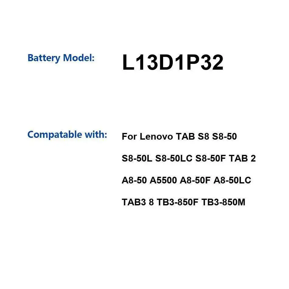 

Аккумулятор L13D1P32 4290 мАч для Lenovo Tab S8 S8-50 S8-50L S8-50LC S8-50F 2 A8-50 A5500 A8-50F A8-50LC TAB3 8 TB3-850F TB3-850M