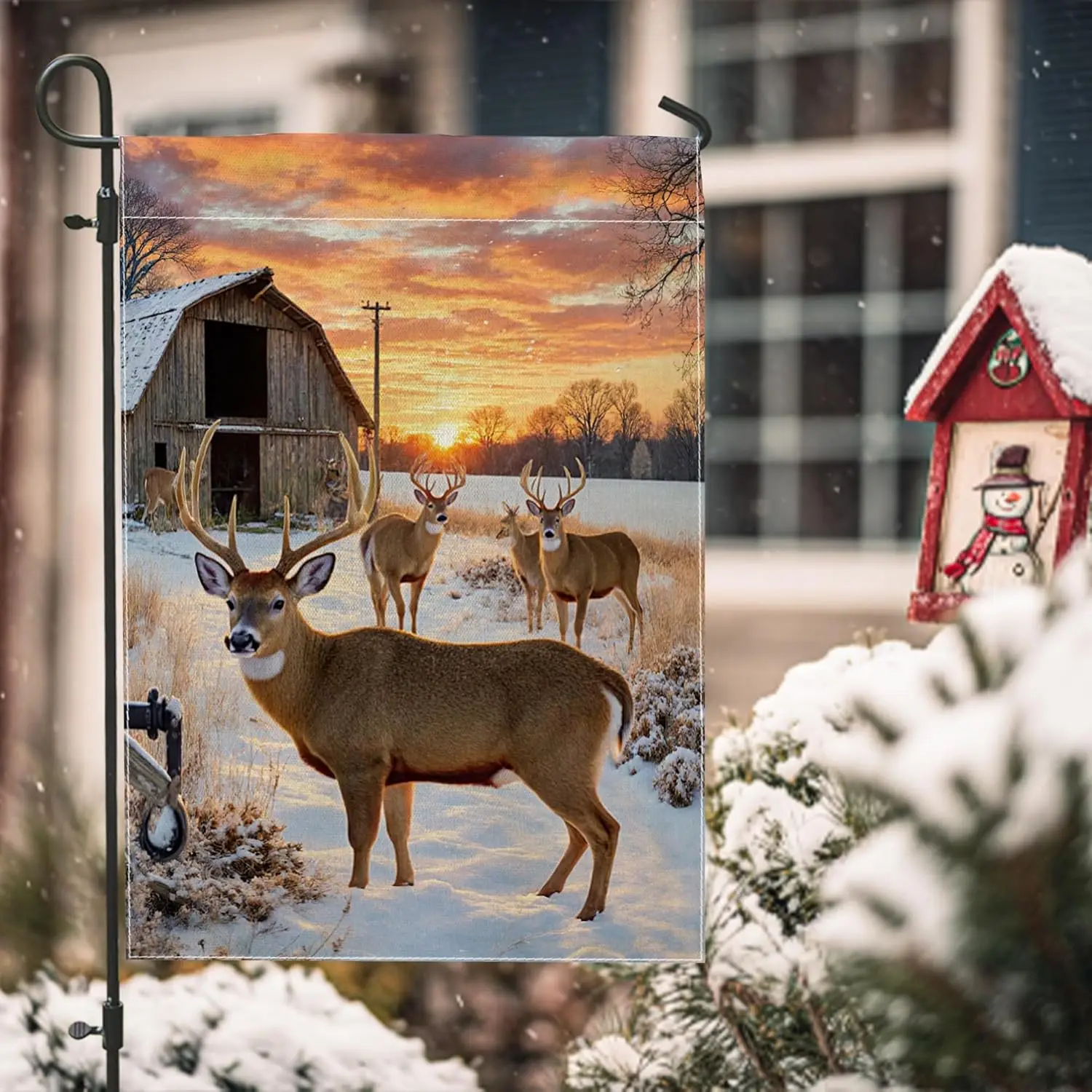 Deer Garden Flag, Winter Rustic Barn Sunset Winter Brown Double Sided Burlap Decorative Outside Flags for Outdoor Lawn Front ZZM