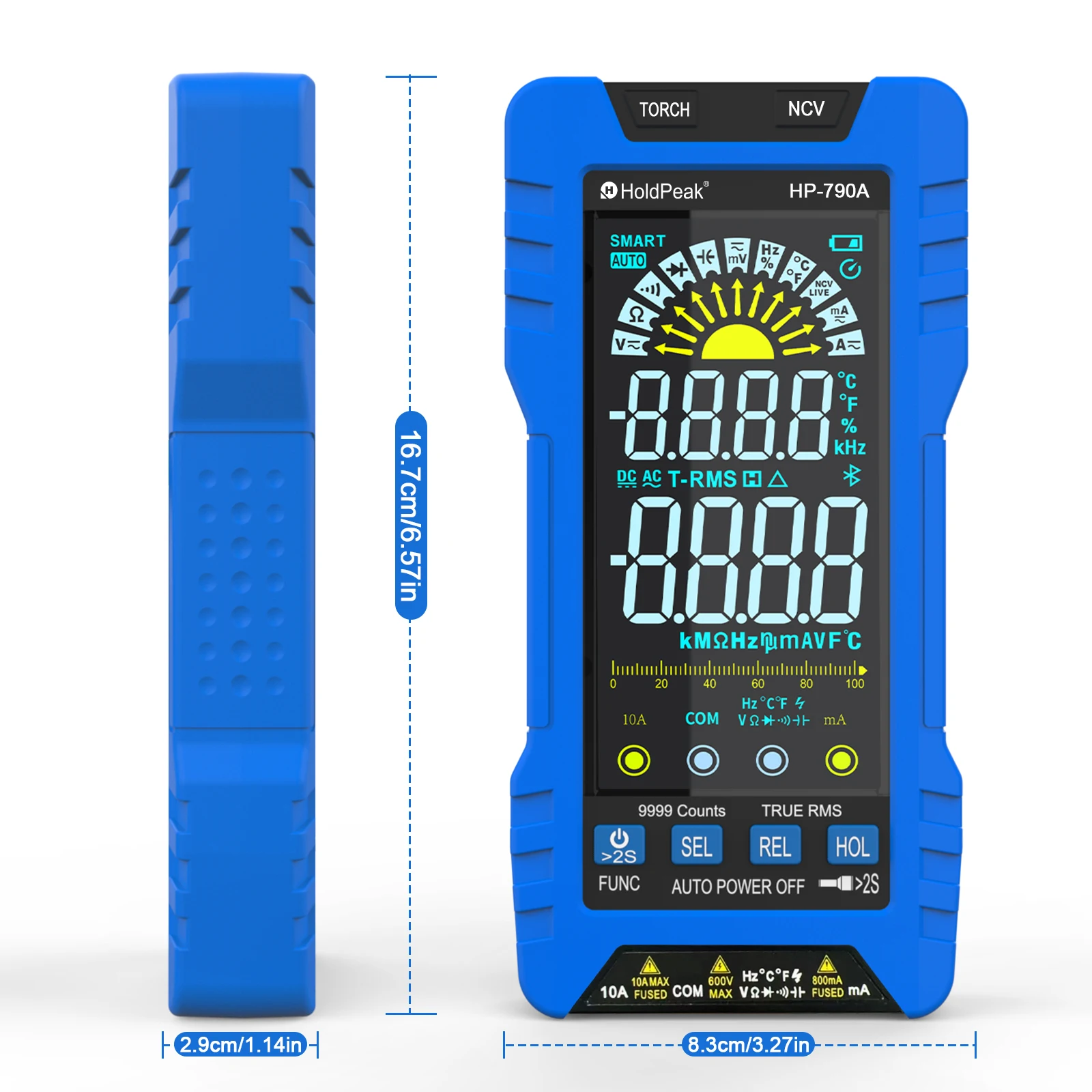 HoldPeak 790A Digital Multimeter 6000 Counts Auto Select Auto Range, True RMS with Torch Measure DC AC Volt Current Resistance