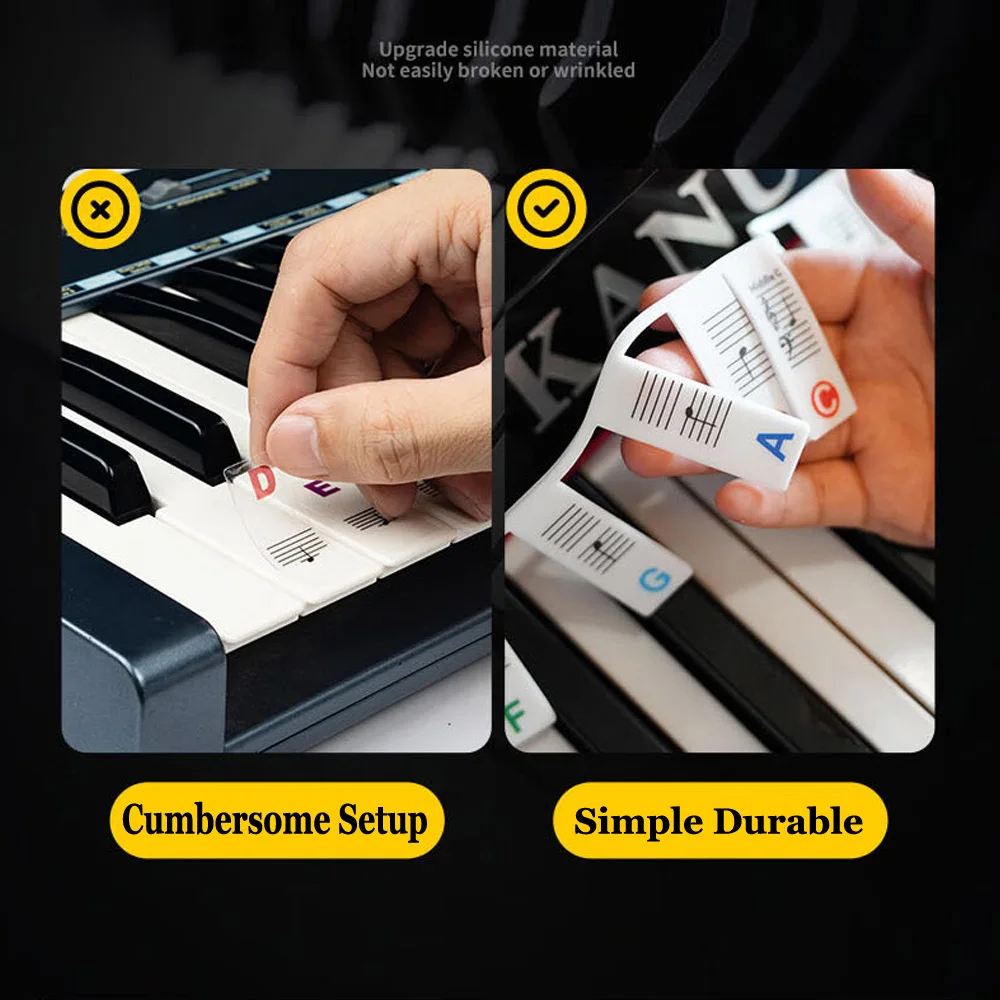 Piano Keyboard Stickers for 88-Key Full Size Silicone Piano Notes Guide For Beginner Reusable