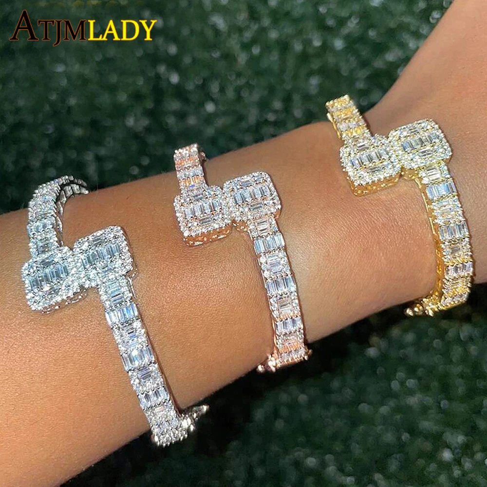 2023 Nieuwe Goud Kleur Geopend Vierkante Kubieke Zirkoon Charm Armband Iced Out Bling Cz Bangle Mannen Vrouwen Luxe Sieraden