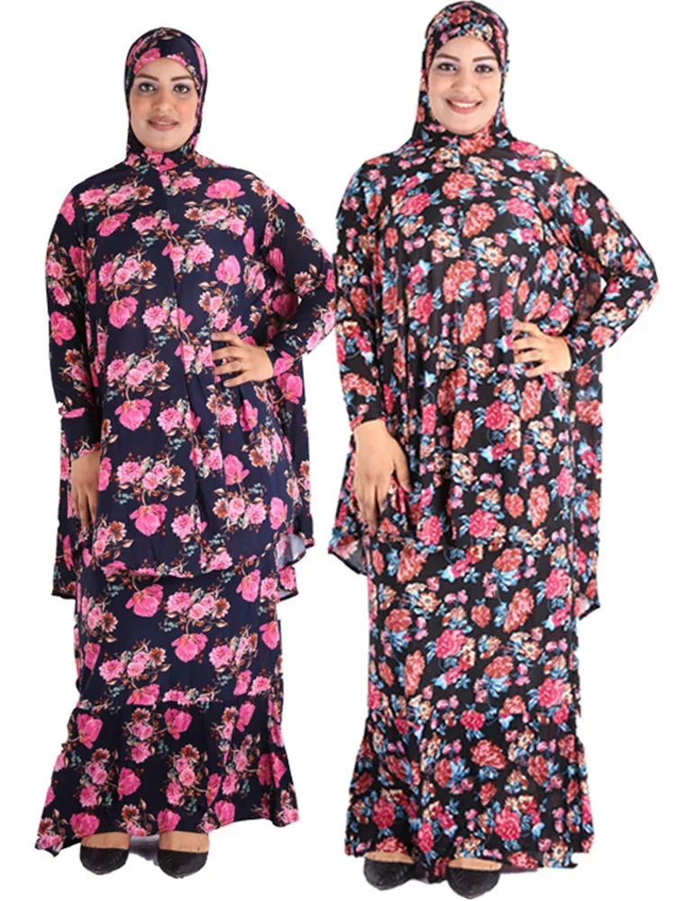 Eid Muslim 2 Piece Set Women Prayer Garment Turkey Ramadan Long Hijab Abaya Skirt Flower Robes Islamic Abaya Maxi Dress