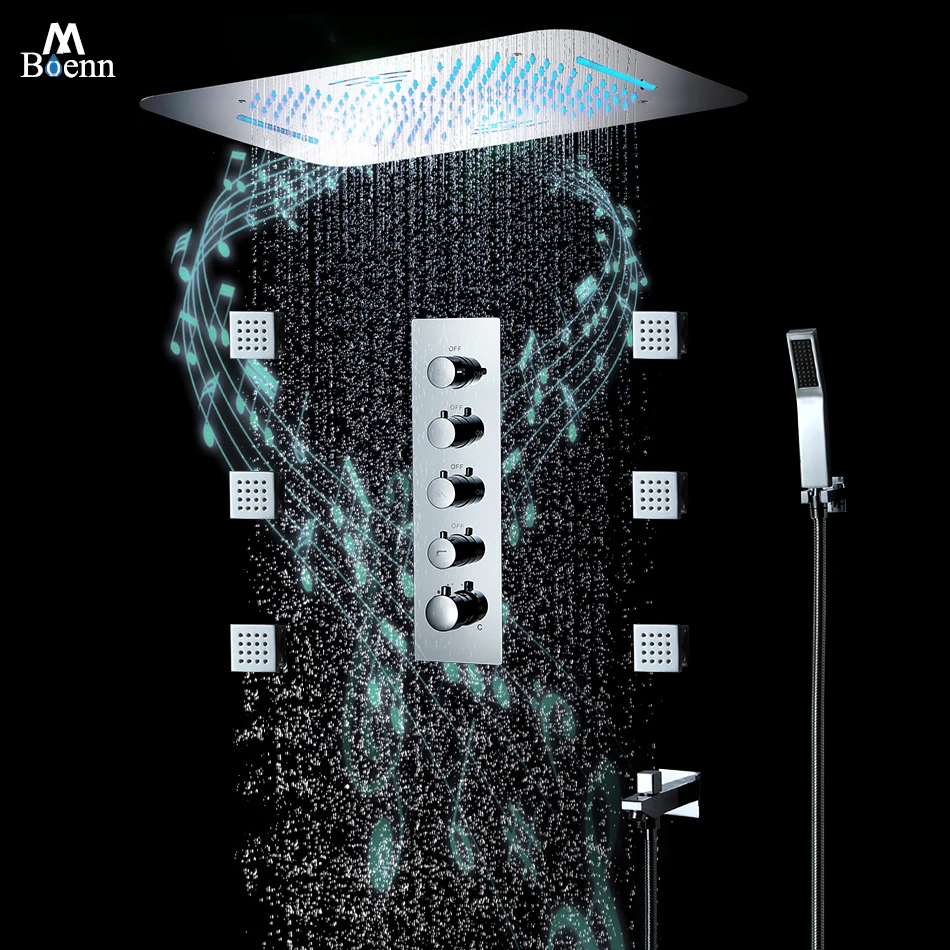 M Boenn Overhead Waterfall High Pressure Black Shower Head Concealed Bathroom Faucet with Thermostat Mixer Shower Set System Tap