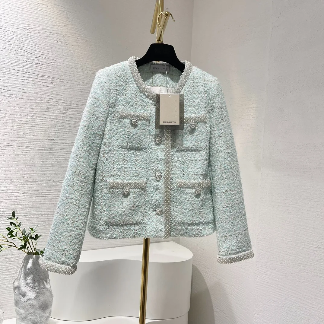 2024 New Autumn Pearl Light Blue Long Sleeve Tweed Down Down Padded Jacket for Women