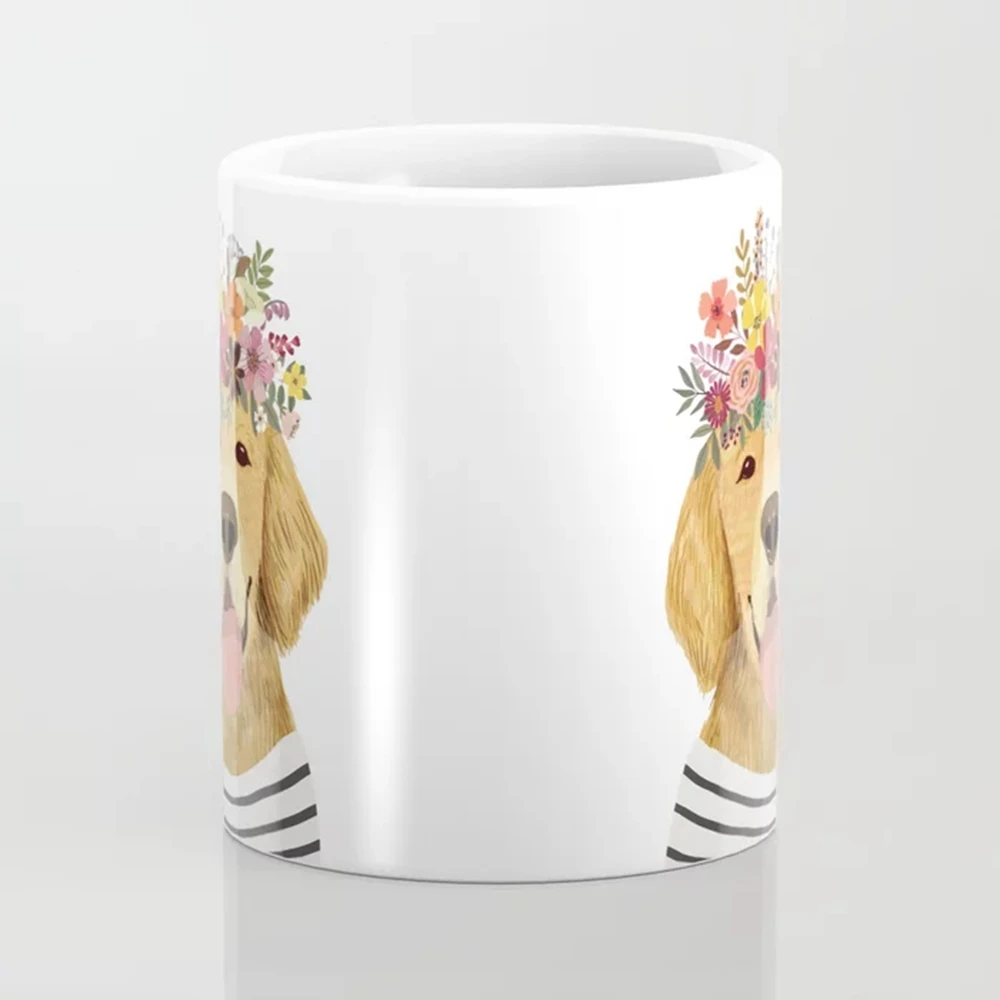 Golden Retriever Dog with Floral Crown Art Print – Funny Decoration Gift Coffee Mug Friends Birthday Gift