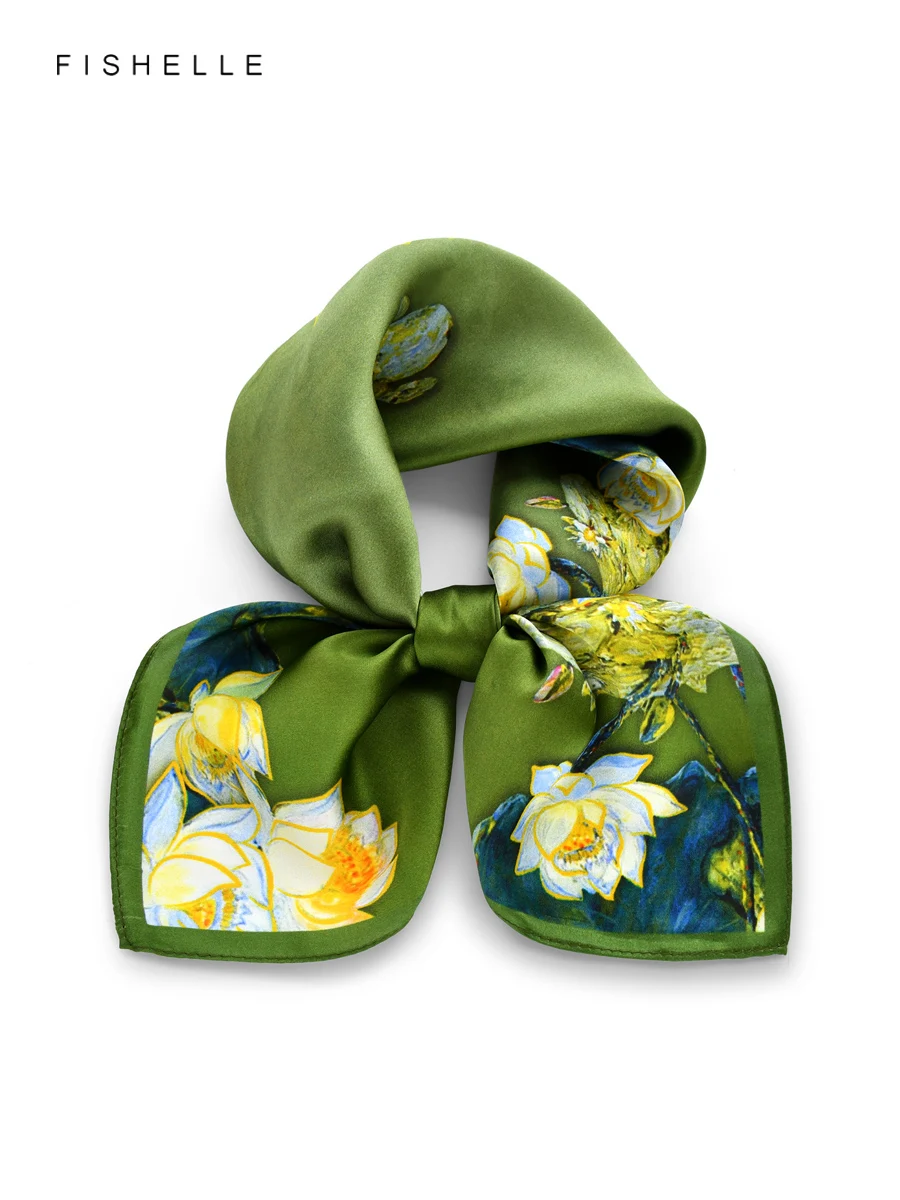 

Зеленый лотос картина маслом 100% натуральный шелковый шарф весна осень женский шейный платок шаль повязка для волос платок квадратный шарф 50 см