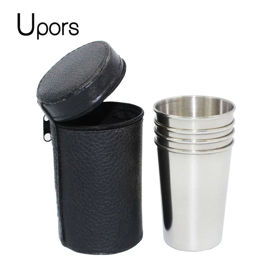 Juego de tazas de cuero para exterior, frasco de acero inoxidable portátil, frasco de cadera de 30ML/70ML, vasos especiales, copa de vino, 4 unids/lote