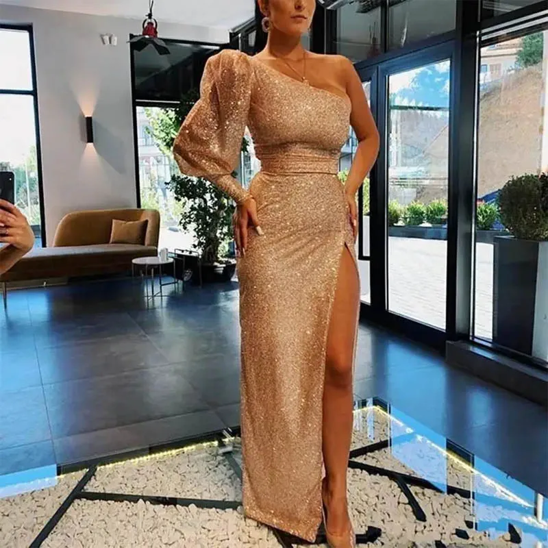 

Exquisite Rose Gold Sequined One Shoulder Long Sleeves High Side Split Evening Dress Floor Length Party Gowns vestidos de gala